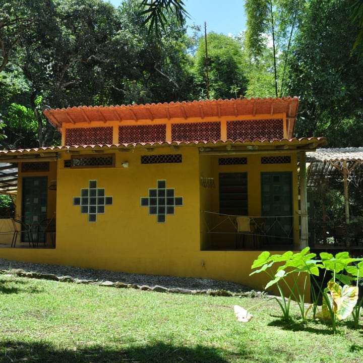 Fachada amarilla con ventanas de cuadros de vidrio azul, techo de teja y prado verde.
