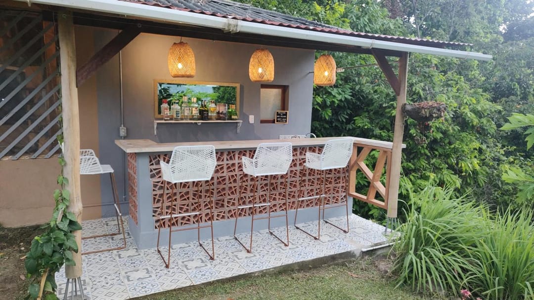 La barra de Bar Bolívar, con butacos, lámparas tejidas y plantas, de día.
