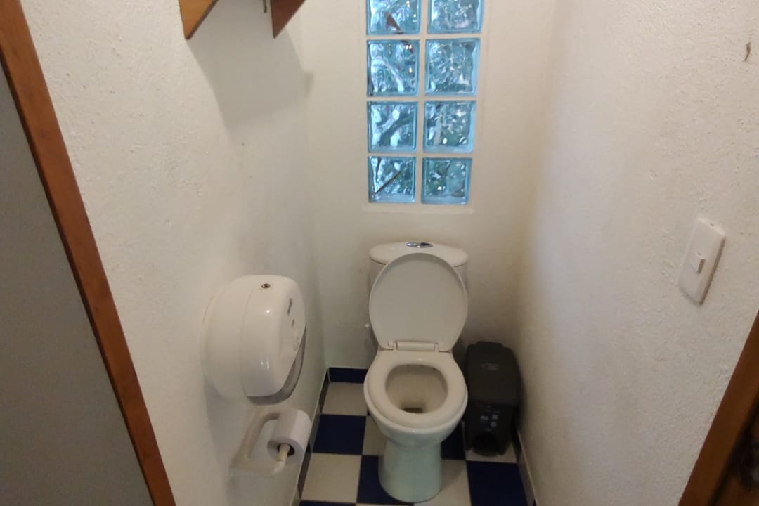 Baño con baldosín azul y blanco, cuadros de vidrio e inodoro.