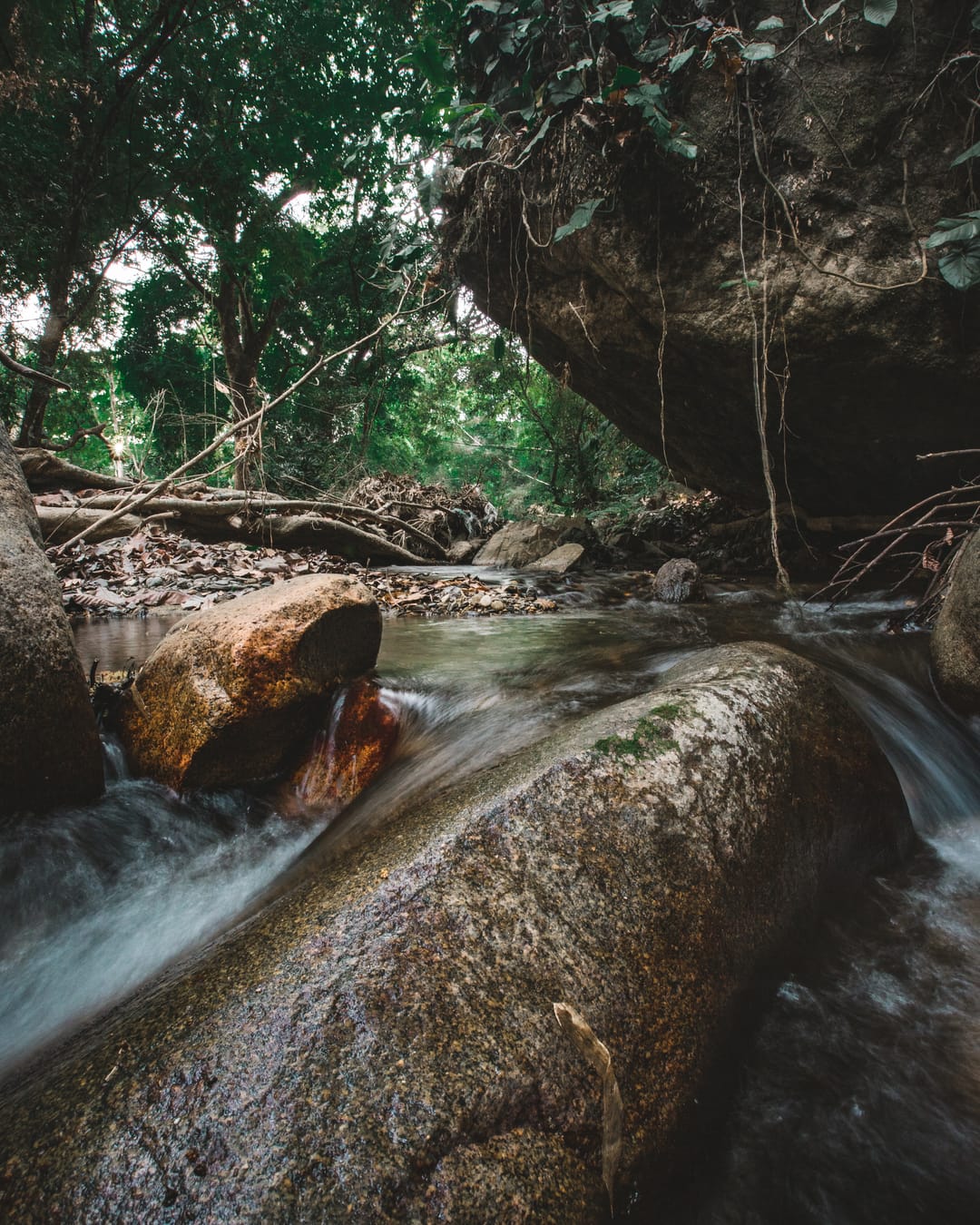 El agua del río corre alrededor de una piedra grande, en una foto de larga exposición.