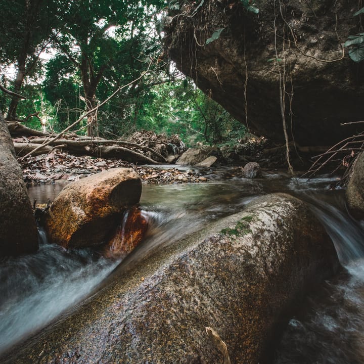 El agua del río corre alrededor de una piedra grande, en una foto de larga exposición.